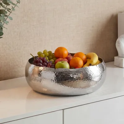 Produktbild von FineBuy Obstschale Rund Silber Schale Metall 35cm Tischdeko Moderner Obstkorb Hammerschlag Aluminium Elegante Alu Früchteschale Handmade