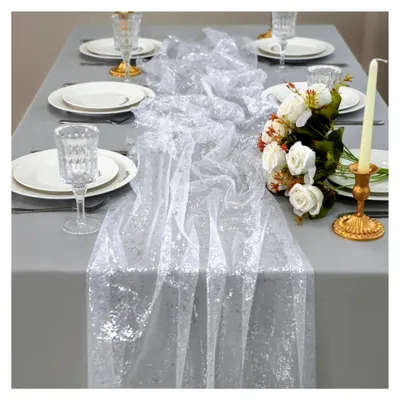 Produktbild von Tischläufer Weihnachten Silber Rolle, Polyester Tischdeko Hochzeit, Tischband mit glänzender Beschichtung, Tüll Dekostoff für Hochzeiten, Weihnachten, Geburtstag