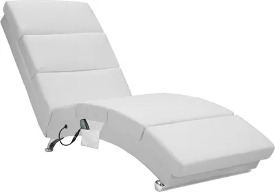 A white chaise lounge with a segmented backrest and footrest, shown against a white background. A small black cord and a white pouch are visible near the base of the chaise.