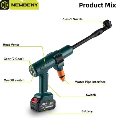 Image de Nettoyeur haute pression portable - Pistolet de lavage sans fil - 3500 W - 200 bars - Moteur sans balais - Buse 6 en 1 - 18 V - Tuyau de 5 m - Vert