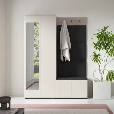 Produktbild von Garderoben-Set Napoli Version 3: Kleiderschrank mit Polsterpaneelen, Schuhschrank Flur und Eingangsbereich (Cashmere/Trinity 16)