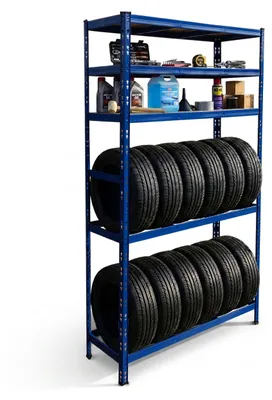 Zdjęcie produktu dla Regał na opony Relaxdays na 12 opon, wys. x szer. x gł. 210 x 120 x 40 cm, nośność 750 kg, stal, system łączony, regał na opony do warsztatu, niebieski