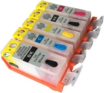 A set of five refillable ink cartridges for a printer, arranged in a holder.