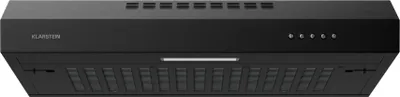 A black range hood is shown against a black background.