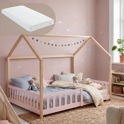 Productafbeelding van Kinderbed "Hesel" met matras en valbeveiliging, 140 x 200 cm, van grenenhout, roze/naturel