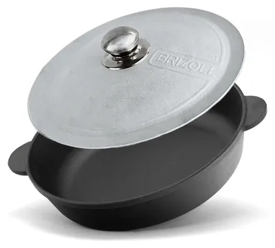 Produktbild von Ø28cm Gusseisenpfanne mit Aluminiumdeckel Bräter Schmortopf aus Gusseisen zwei Griffe Servierpfanne