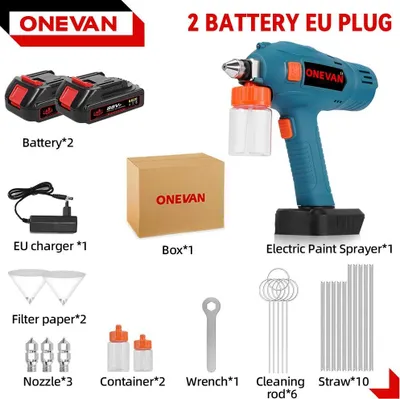 Produktbild von Elektrische kabellose Farbspritzpistole - Sprühpistole - 2 Akkus + EU-Ladegerät - 18 V kompatibel - 50/100 ml Behälter - Tragbar - Silber