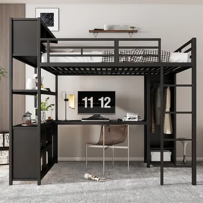 Produktbild von MODFU Hochbett Eisenbett 140x200 Jugendbett ohne Matratze, mit Stauraum unter Schreibtisch,Bettgestell mit Kleiderschrank und Ablagen, Schwarz