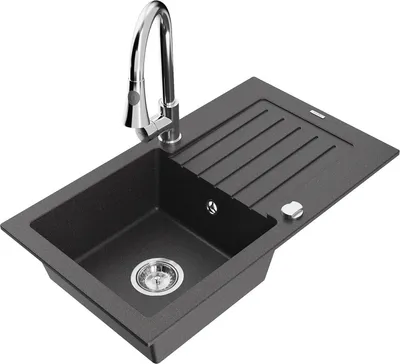 Produktbild von Mexen Pablo 1 Becken-Granitspüle mit Abtropffläche und Mischbatterie Elia, Schwarz gesprenkelt - 6510-76-670101-00