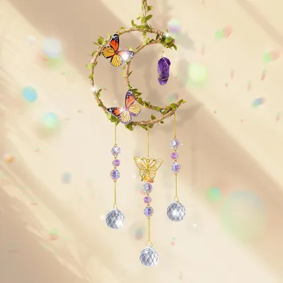 Produktbild von Kristall Sonnenfänger, Regenbogen Mond Anhänger Sonnenfänger mit Schmetterlingsdekoration, Hanging Windspiel für Hochzeit Garten Fenster Haus Party Dekoration
