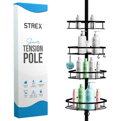 Produktbild von Strex Teleskop Duschregal Schwarz - Höhenverstellbar 150-275 cm - 4 Körbe - Robuste Qualität - Befestigung ohne Bohren oder Schrauben - Teleskop-Duschregal Ecke