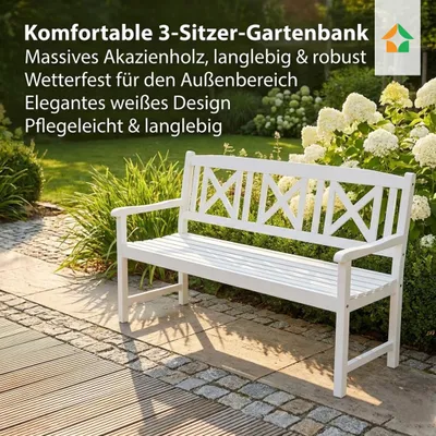 Produktbild von 3-Sitzer Gartenbank aus Akazienholz, ca. 150 x 61 x 89 cm - Weiß