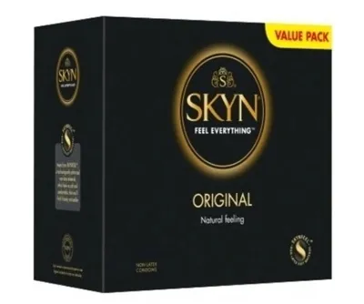 A black box of SKYN Original condoms with gold lettering and accents.