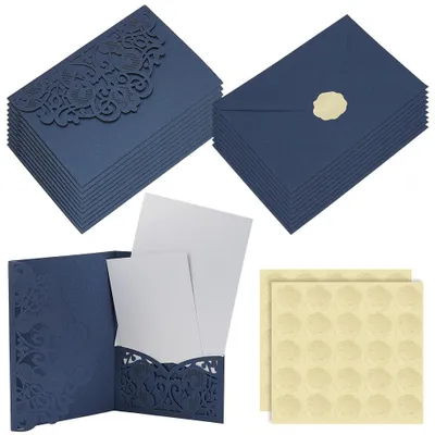 20er-Set Hochzeitseinladungen dunkelblau, lasergeschnitten, mit Umschlägen