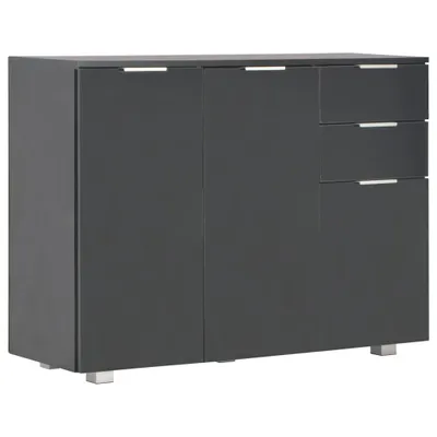 A dark gray sideboard with three drawers on the right and two doors on the left, shown from a front-side angle on a white background.