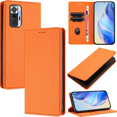 Image de Etui en cuir pour Xiaomi Redmi Note 10 Pro/Note 10 Pro Max, cuir Litschi, étui portefeuille avec fentes pour cartes et support Orange