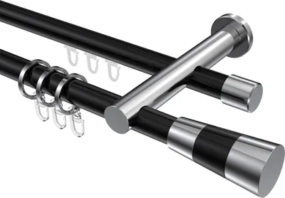 Produktbild von Interdeco Rundrohr-Innenlaufstange / Gardinenstange (Kombination) Schwarz / Chrom, Typ Platon Tanara (Konus Bicolor), 20 mm Ø 2-läufig, 140 cm