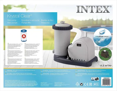 The image shows the packaging of an Intex Krystal Clear filter pump for a swimming pool. The packaging displays the product itself, along with descriptive text and graphics.