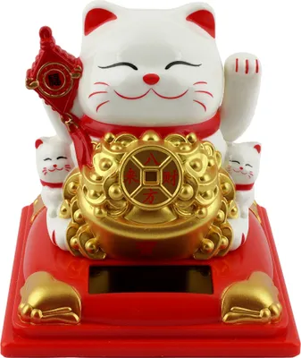 Produktbild von Glückskatze Maneki-Neko Knoten weiß Solar auf Sockel 8cm Winkekatze Lucky cat