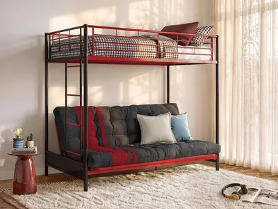 Produktbild von Hochbett mit Schlafsofa mit Futonmatratze - 90 x 190 cm - Metall - Rot & Schwarz - MODULO V