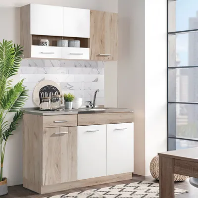 Produktbild von Homestyle4u Küche Küchenzeile Küchenblock Eiche Holz Weiß Einbauküche Single Küchen Schränke 120 cm