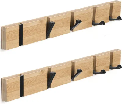 Obrázok produktu pre Drevený nástenný vešiak 42 cm, 5 sklopných háčikov, na kabáty, prírodné materiály