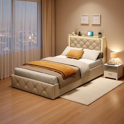 Obrázok produktu pre Čalúnená posteľ ProximaX 90 x 200 cm, béžová, posteľ s hydraulickým úložným priestorom, 2 zásuvkami a RGB LED, USB/Type-C, zamatová látka, jednolôžková posteľ