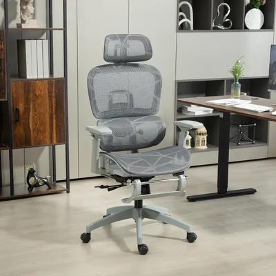 Produktbild von Sweiko Bürostuhl, Ergonomischer Schreibtischstuhl mit Netzstoffbezug, verstellbar, rollbar, mit Armlehnen, Kopfstütze, Grau