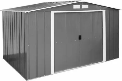 A grey metal garden shed with double doors and a pitched roof, shown from a three-quarter angle on a white background.