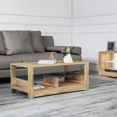 Image de Skye Decor, table basse de haute qualité, en chêne, 90 x 37 x 45 cm | 100% panneau de particules mélaminé, épaisseur 18 mm | Avec plateau en verre, nombreux étagères, fixable au mur, design moderne.