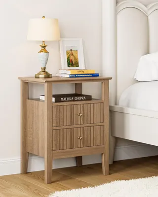 Imagen del producto de Mesitas de noche de madera maciza, con 2 cajones, color nogal, para dormitorio