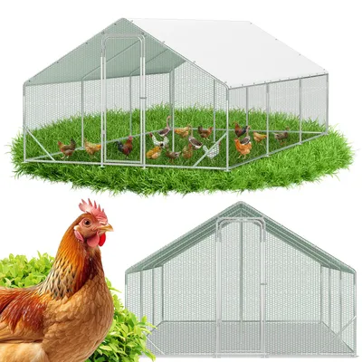 Image de Poulailler ISOISL avec enclos extérieur, dimensions 3 x 6 x 2 mètres, surface de 18 m², toit en pente, structure en acier galvanisé de 25 mm, grillages en fil de PVC et bâche de protection en polyéthylène blanc
