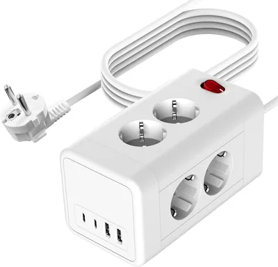 Productafbeelding van 8-voudige stekkerdoos met USB-C - Stekkerdoos met schakelaar en overbelastingsbeveiliging - 16 A - 3680 W - Wit