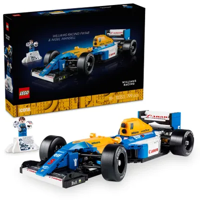 Produktbild von LEGO Icons Williams Racing FW14B mit Nigel Mansell - F1 Modellauto Set mit Rennfahrer Minifigur zum Sammeln - Schreibtischdeko mit Ständer - Geschenk für erwachsene & jugendliche Motorsportfans 10353