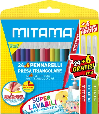 Imagen del producto de Mitama Rotuladores Super Lavables, con forma triangular, paquete de 24 o 30 unidades, multicolores, punta fina, multicolores, 3 mm, tinta a base de agua