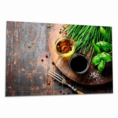 Produktbild von Wallario Herdabdeckplatte aus Glas, Größe 80 x 52 cm 2-teilig, Motiv Kräuter, Öle und Gewürze auf einem Holzbrett