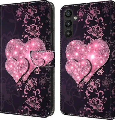 Produktbild von CLM-Tech Hülle kompatibel mit Samsung Galaxy A54 5G - Tasche aus Kunstleder - Klapphülle mit Ständer und Kartenfächern, schwarz - rosa Herzen