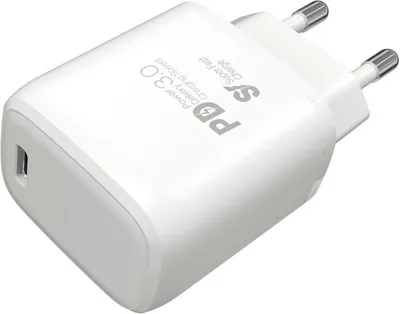 A white USB-C PD charger with European plug prongs.