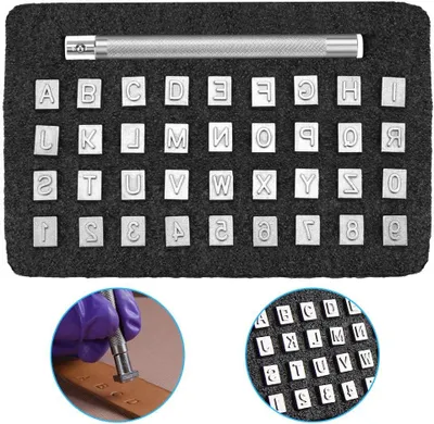 Imagen del producto de Juego de sellos metálicos, de 37 piezas, de 6 mm, con letras y números, para trabajos en cuero