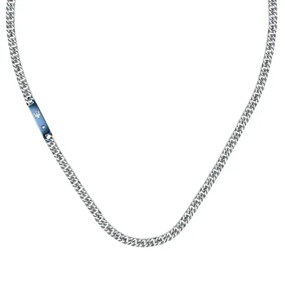 A silver chain necklace with a blue tag featuring a trident logo.