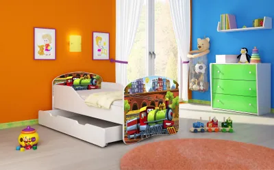 Produktbild von ACMA I Jugendbett Kinderbett Junior-Bett Komplett-Set mit Matratze Lattenrost Weiß 44 Lokomotive 160x80 + Bettkasten