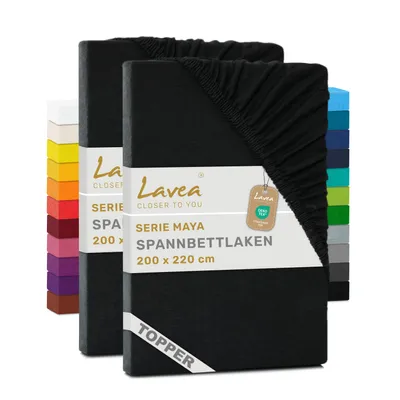 Zdjęcie produktu dla Zestaw 2 sztuk prześcieradeł elastycznych Lavea® o wymiarach 200x220 cm, wykonanych w 100% z bawełnianej dzianiny – do materacy o grubości do 12 cm – miękkie, czarne