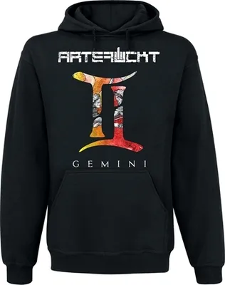 Produktbild von Schwarzer Kapuzenpullover Gemini mit farbigem Frontdruck und weißem Nackenlogo