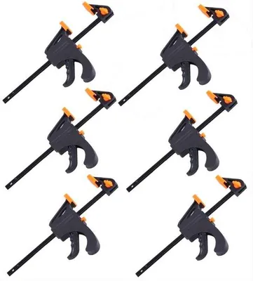 Obrázek produktu pro Uniqoos® Sada 6 rychloupínacích svorek pro jednu ruku – ocel s plastovými čelistmi, rozsah 3–10 cm, svírací síla 60 kg, pro zpracování dřeva a kovu
