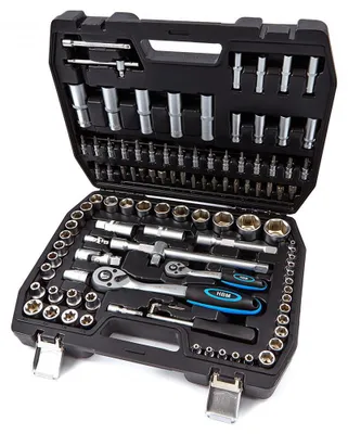 Immagine prodotto di Questo kit utensili professionale 108 pezzi, serie di chiavi a bussola in Cr-V, torx ,cricchetti, prolunghe, kit attrezzi per auto, officina fai-da-te con attacchi 1/2" e 1/4", Hbm