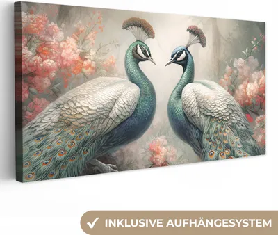 Produktbild von MuchoWow® - Leinwandbilder - Pfaue - Pfauenfedern - Vögel - Natur, Wandbild, Wanddeko Bilder Wohnzimmer, 40x20 cm