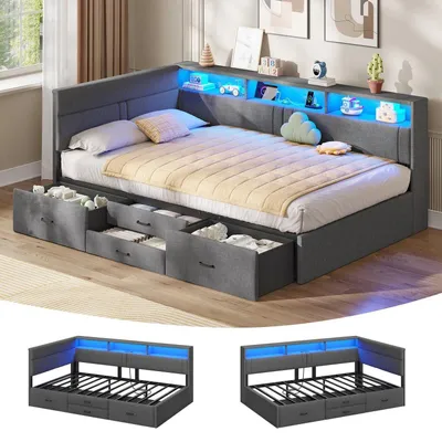 Zdjęcie produktu dla Łóżko tapicerowane z podświetleniem LED i stacją ładowania, wymiar 90x200 cm, kolor ciemnoszary, obicie z lnu, z 4 szufladami