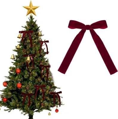 Productafbeelding van Wijnrode fluwelen kerstboomstrikken met draaibanden - Set van 12 - Decoratieve kerststrikken