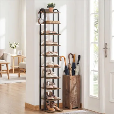 Produktbild von Yaheetech Schmales Schuhregal Standregal mit 10 Ebenen, verstellbare Ablage, mit Haken, aus Holz, Vintage-Stil, platzsparend, Rustikal-Braun