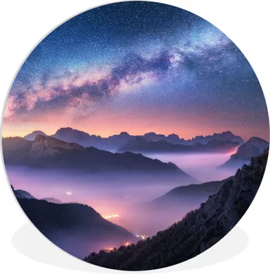 Produktbild von MuchoWow® Rundes Wandbild - Runde Bilder Berge - Sternenhimmel - Nebel Ø 30 cm Kreis Wanddekoration Kunststoff - Wandkreis - Wandschmuck - Schlafzimmer - Bilder - Der Kreis - Kunst für die Wohnung - Plastik - Kunstdruck - Wandbild